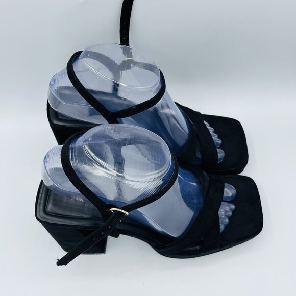 Zara Sandals Womens 8.5 /EU39 Black Y2K Square Ankle Strap Chunky Block Heel - Picture 3 of 13